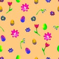 Floral seamless pattern.ÃÂ Hand painted daisies and tulips plum. Royalty Free Stock Photo